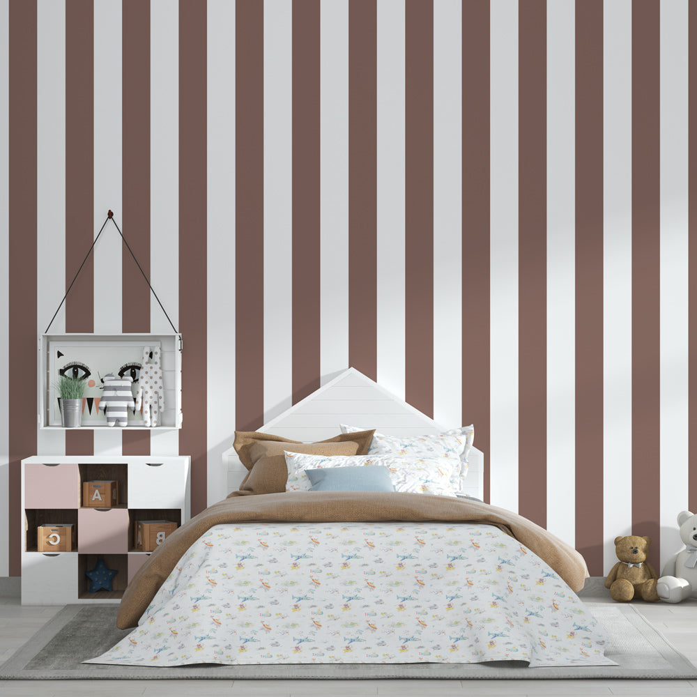 Elegant beige striped wallpaper creating sophisticated nursery atmosphere with cozy decor