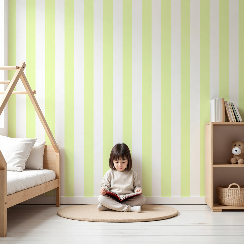 Soft yellow striped mural wallpaper in bright nursery room setting by Kids-Mundo
