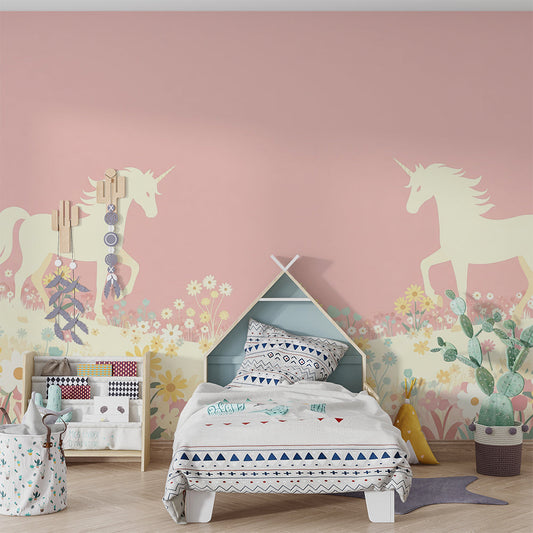 Kids-Mundo sunflower meadow unicorn wall mural styled in a child's bedroom with soft pink tones