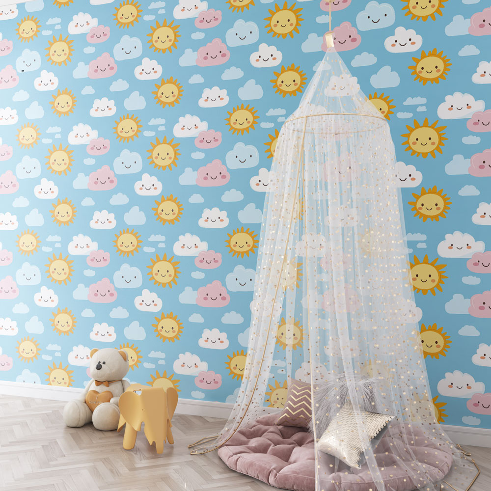 Cloud theme wallpaper creating dreamy atmosphere in children's bedroom decor