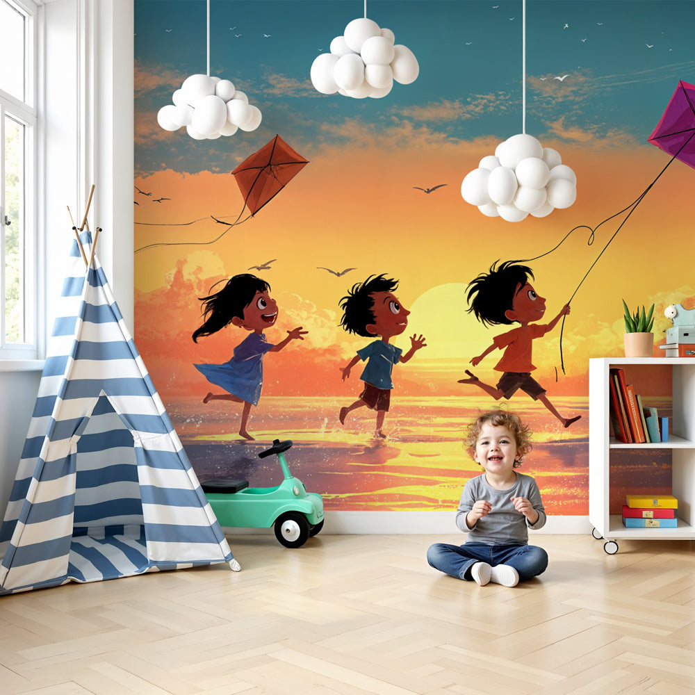 Sunset beach mural wallpaper with kids flying kites in modern children's bedroom by Kids-Mundo