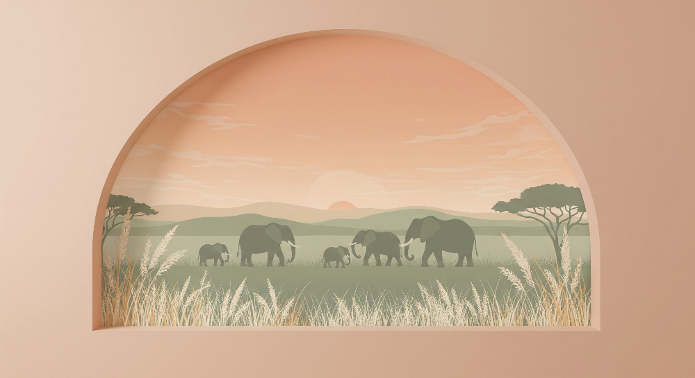 Elephant Family at Golden Sunset Wall Mural