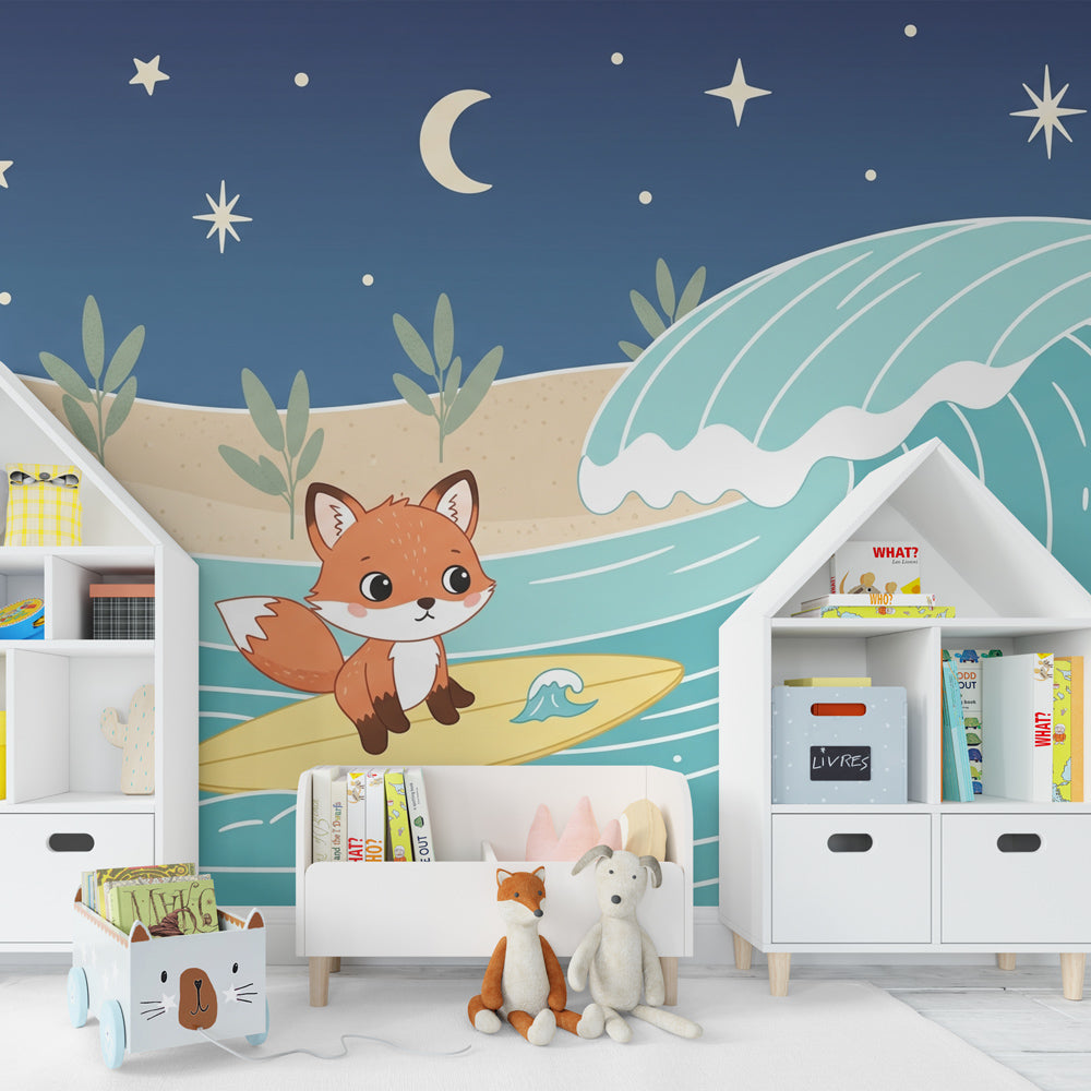 Moonlit surfing fox wallpaper transforming children's bedroom into coastal adventure space