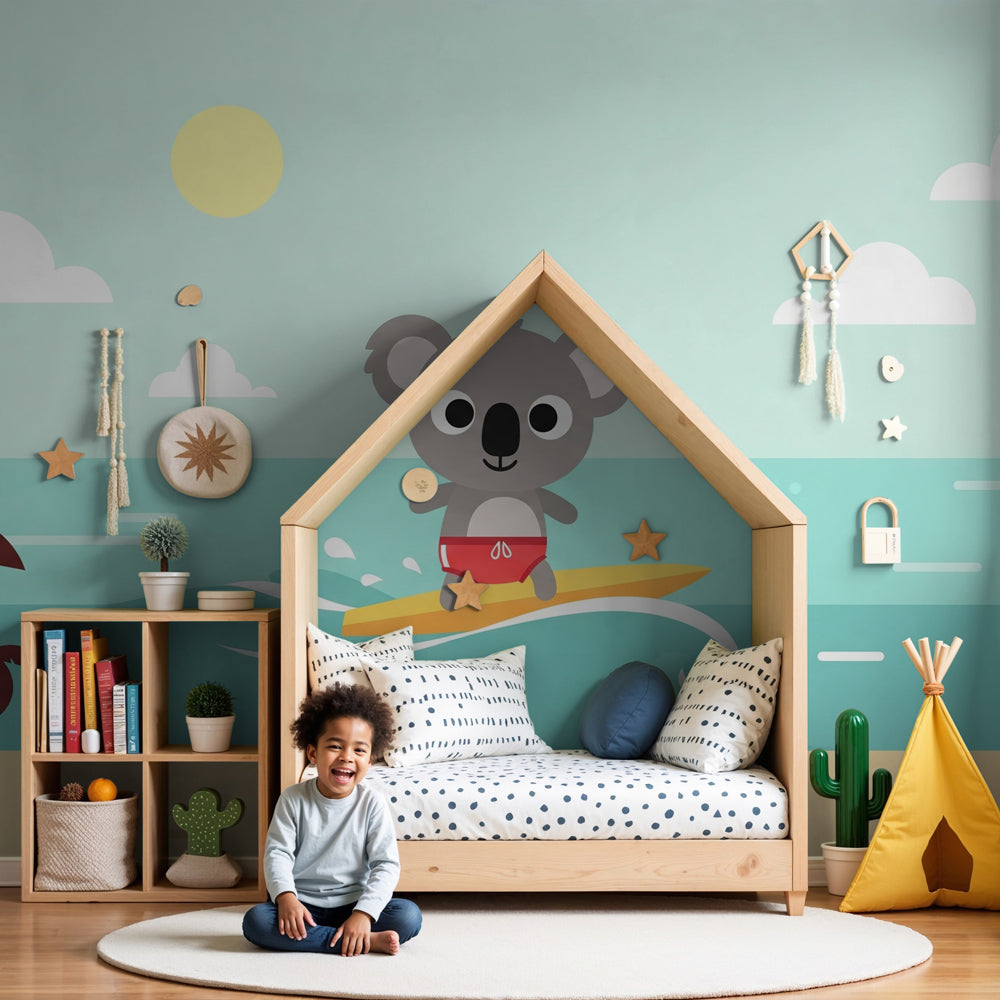 Surfing koala mural wallpaper creating tropical beach atmosphere in modern kids nursery by Kids-Mundo