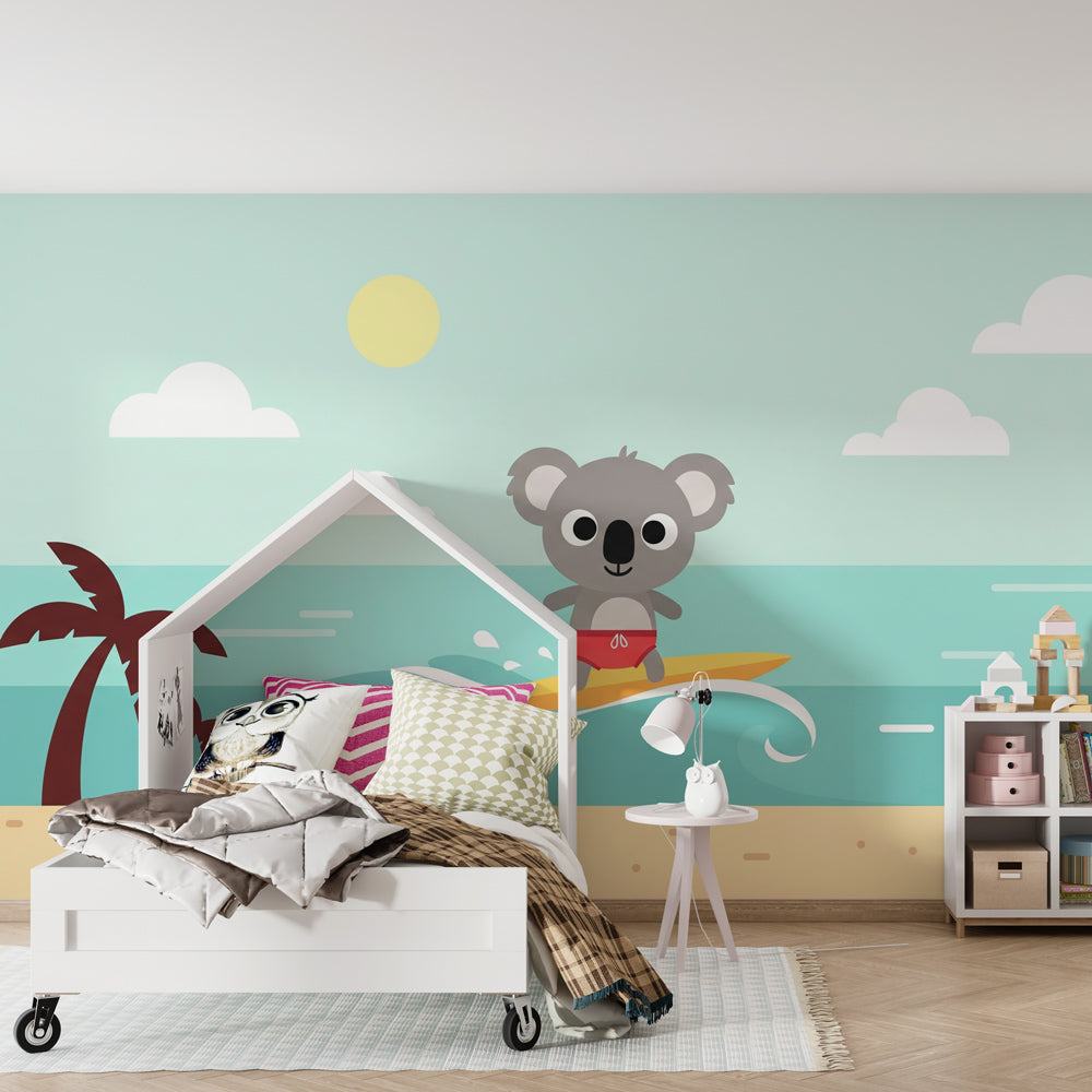 Beach themed koala wallpaper transforming children's bedroom with tropical palm trees and ocean waves
