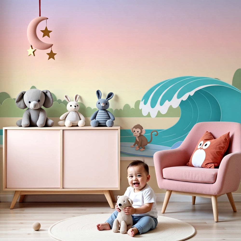 Surfing monkey mural wallpaper in bright nursery with ocean theme decor by Kids-Mundo
