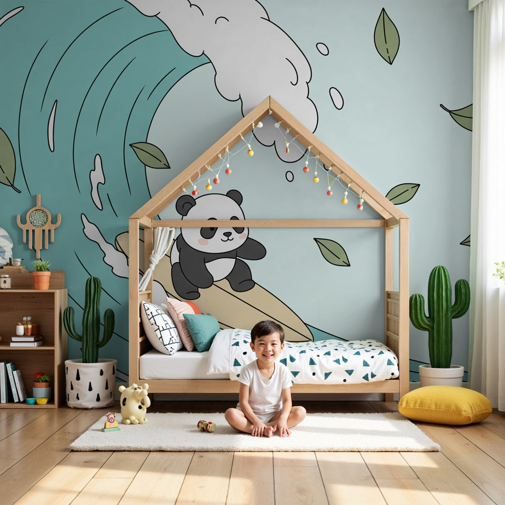 Surfing panda mural wallpaper decorating modern nursery with ocean theme by Kids-Mundo