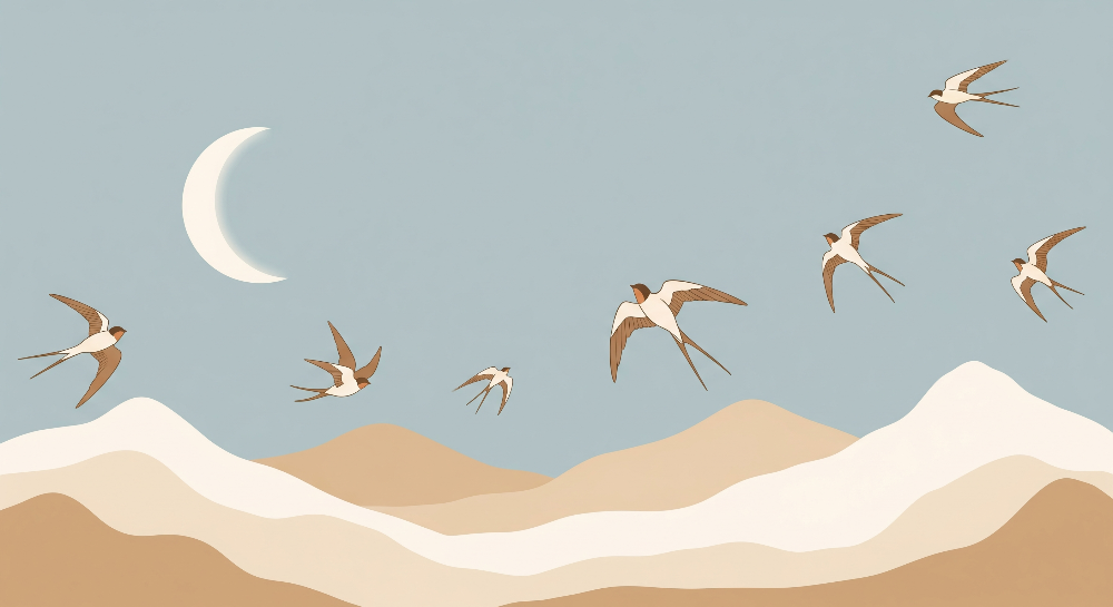 Swallows Flying Over Soft Mountains Wall Mural