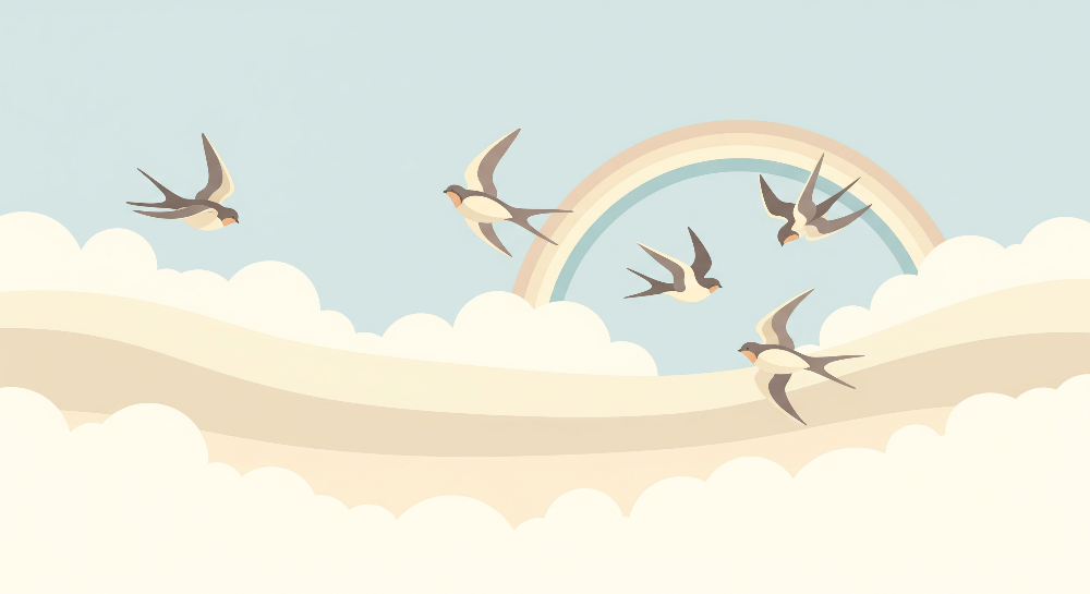 Swallows Flying Under a Soft Rainbow Wall Mural