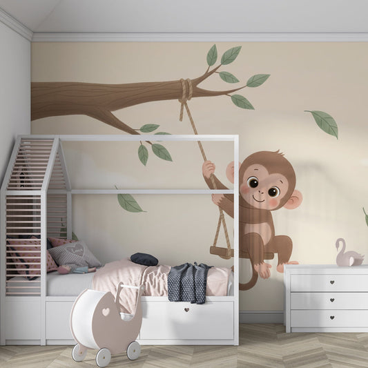 Kids-Mundo baby monkey wall mural with falling leaves behind a kids bedroom bed