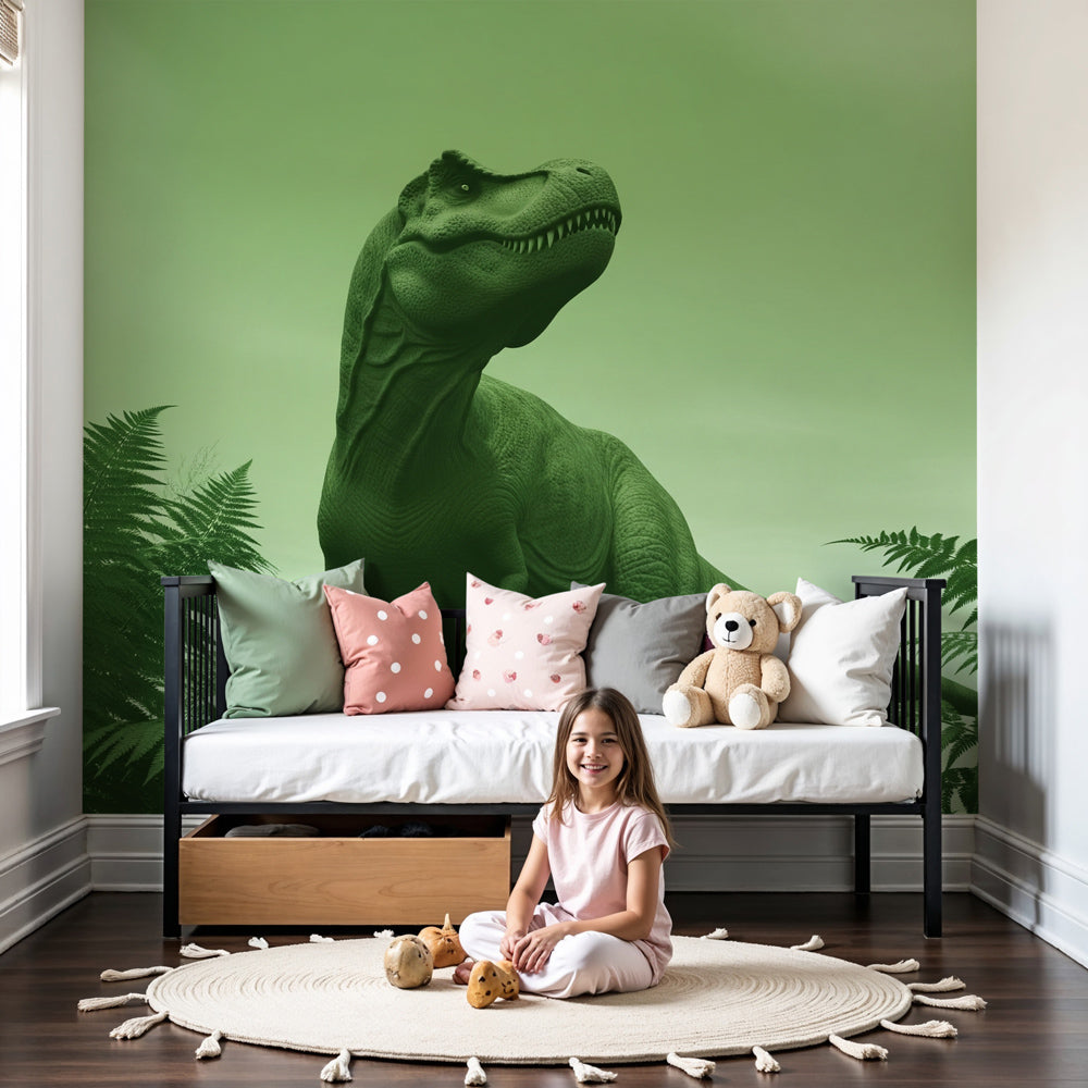 T-Rex dinosaur mural wallpaper creating prehistoric jungle atmosphere in modern kids bedroom by Kids-Mundo