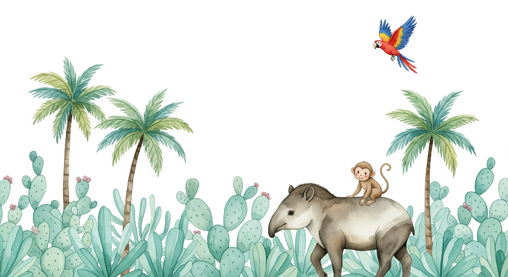Tapir and Monkey Cactus Wall Mural