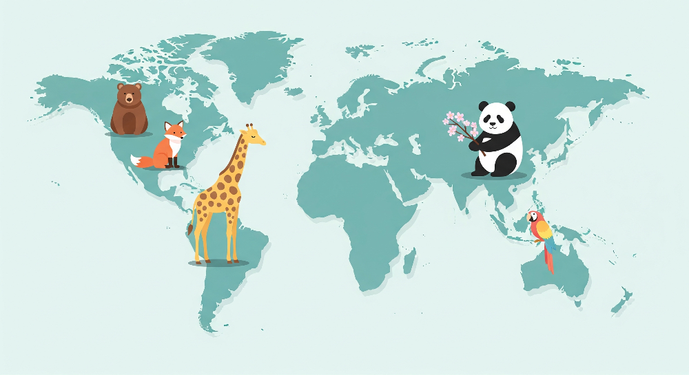 Teal World Map with Giraffe, Panda and Parrot Wall Mural