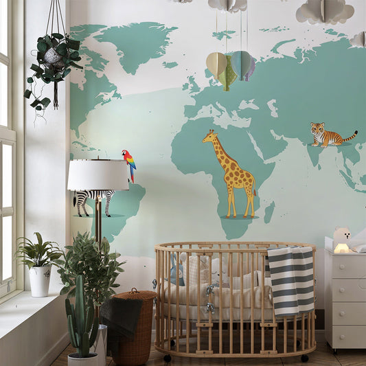 Kids-Mundo teal world map wall mural with giraffe and kangaroo covering a wall in a kids' bedroom