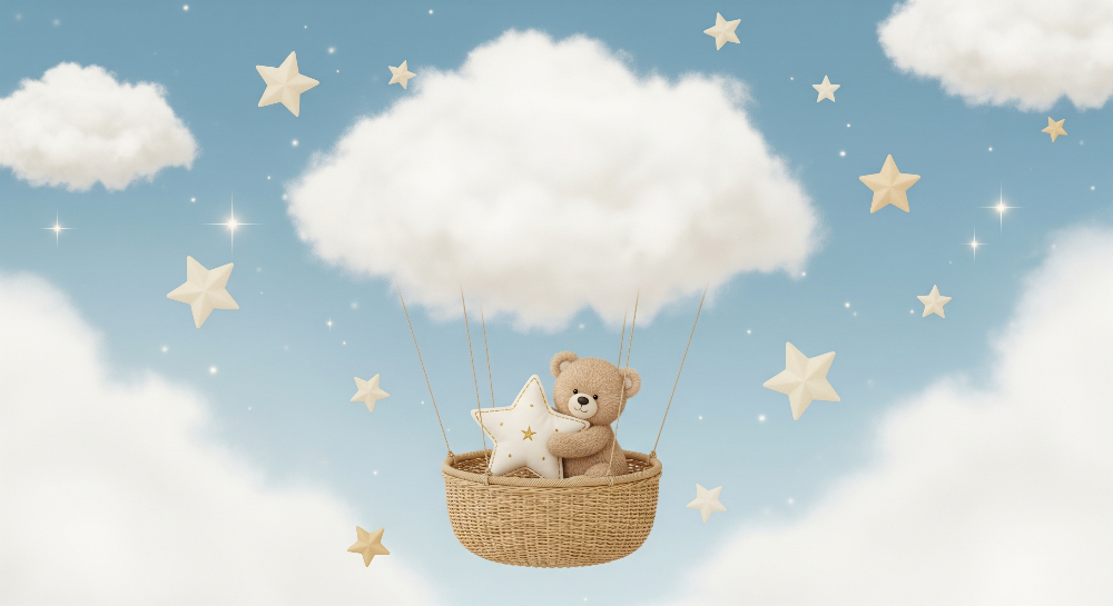 Kids-Mundo flat artwork of a teddy bear in a cloud basket used for this made-to-measure nursery mural.