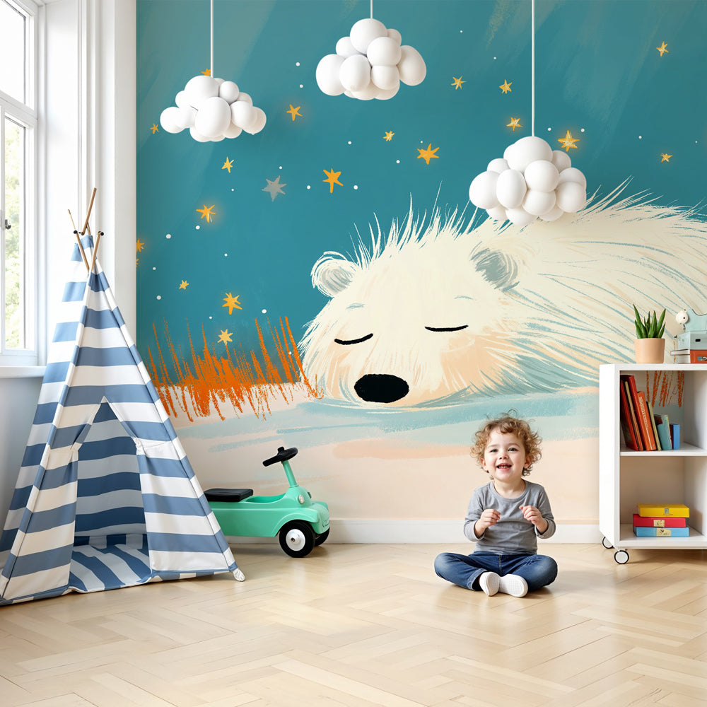 Sleeping teddy bear mural wallpaper creating peaceful nursery atmosphere by Kids-Mundo
