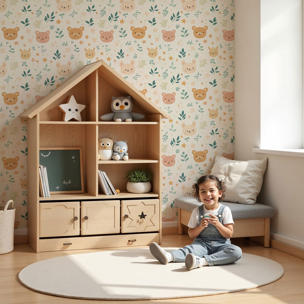 Teddy bear mural wallpaper creating cozy nursery atmosphere with soft pastels by Kids-Mundo