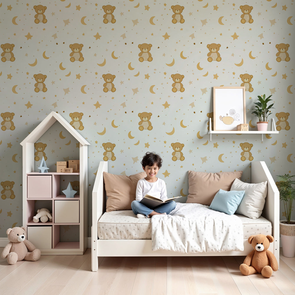 Teddy bear mural wallpaper with golden stars decorating cozy nursery by Kids-Mundo