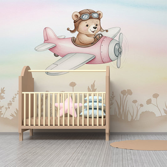 Kids-Mundo teddy bear plane wallpaper mural in a dreamy pastel kids bedroom wall.