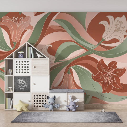 Kids bedroom featuring a Kids-Mundo terracotta lily bloom wall mural above a bed