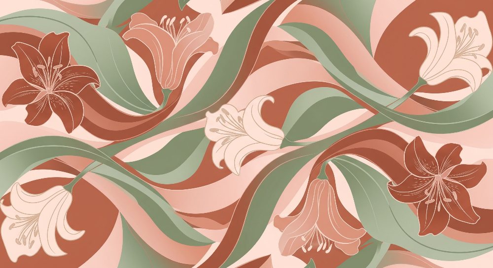 Flat artwork of the Kids-Mundo terracotta lily bloom wall mural with sage leaves