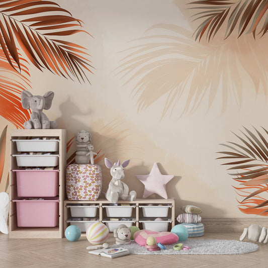 Kids-Mundo terracotta palm leaves wall mural in a kids bedroom with rust and grey-green tones.