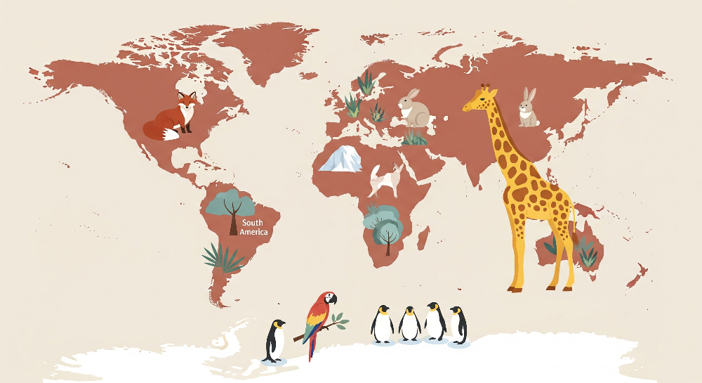 Terracotta World Map with Fox and Giraffe Wall Mural