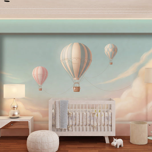 Kids-Mundo hot air balloon window view mural on a feature wall in a calm kids' bedroom