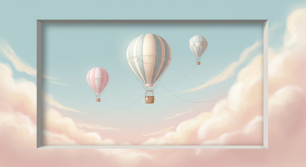 Kids-Mundo flat artwork of three striped hot air balloons drifting past a white window frame