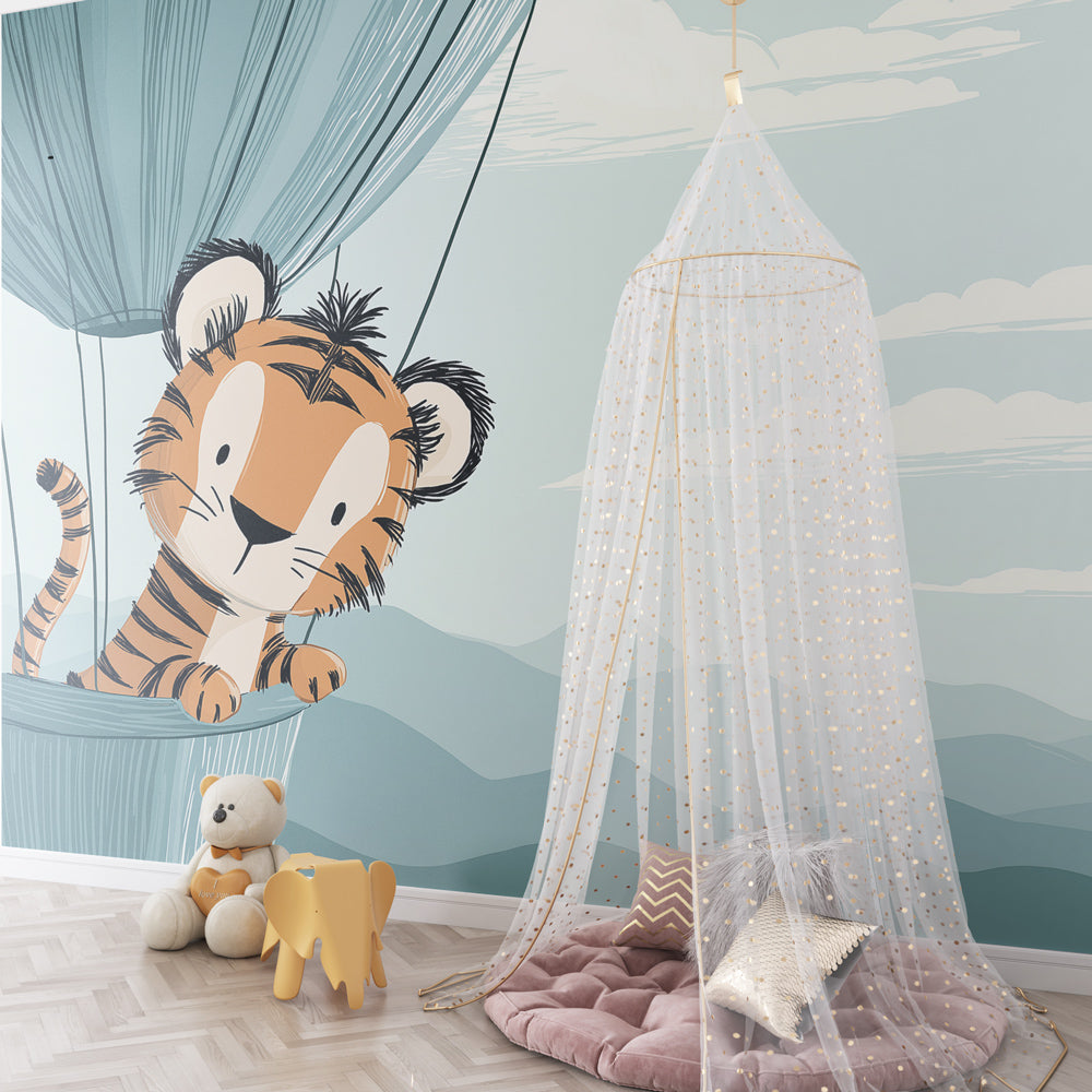 Adventure sky mural wallpaper with tiger balloon creating magical kids bedroom atmosphere