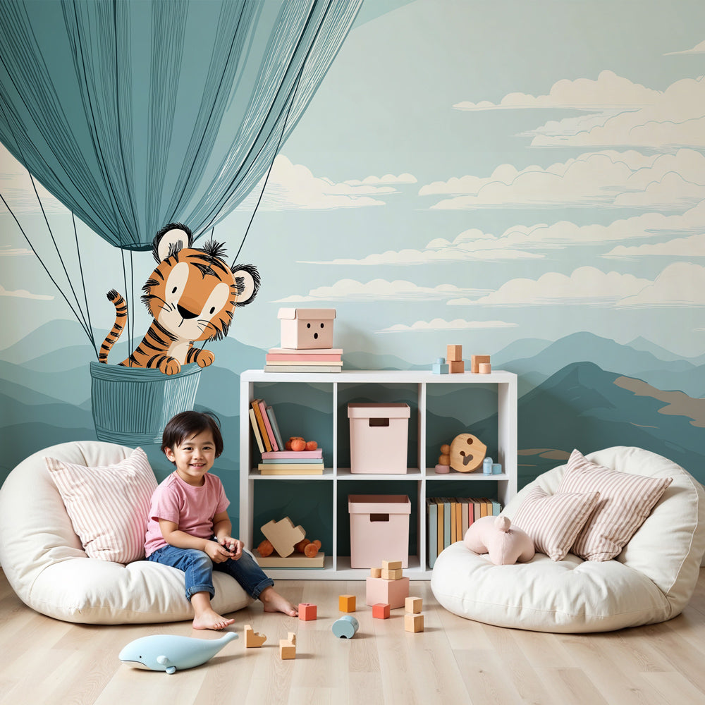Tiger hot air balloon mural wallpaper in modern nursery room setting by Kids-Mundo