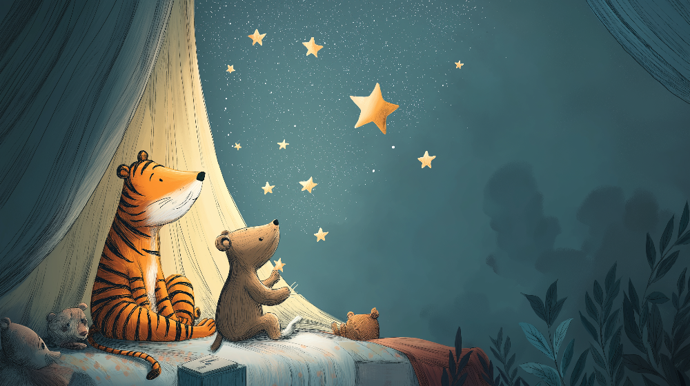 Kids-Mundo flat artwork of a tiger and bear cub gazing up at a starry night sky together.