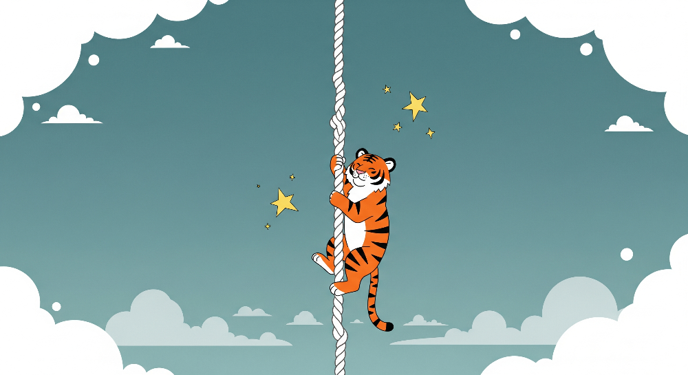 Flat artwork preview of the Kids-Mundo tiger climbing a rope wall mural design
