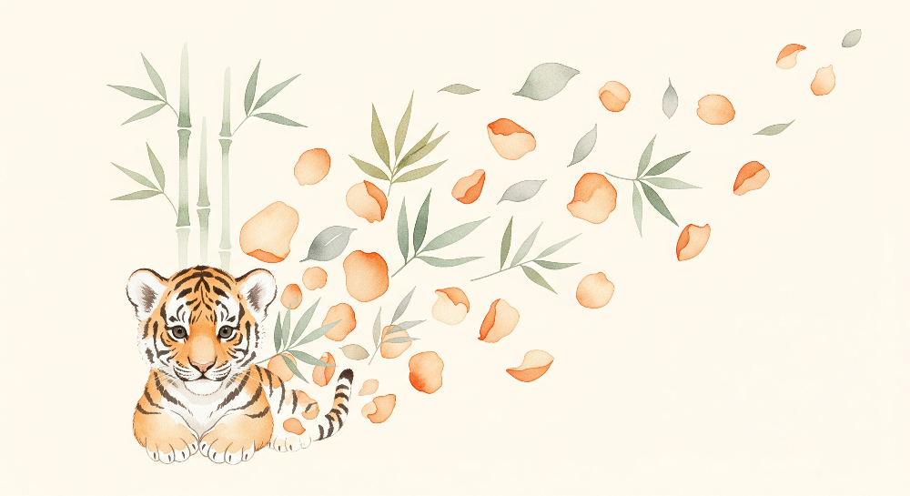 Flat artwork of the Kids-Mundo tiger cub and bamboo wall mural print design