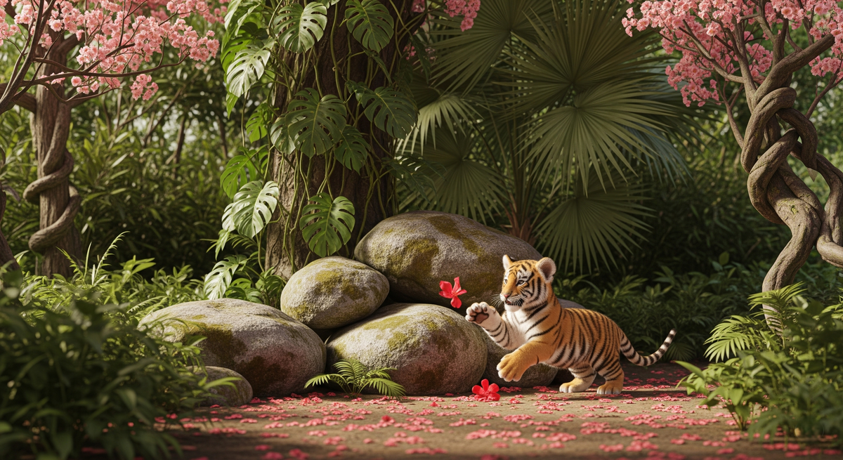 Playful Tiger Cub Among Blossom Trees Wall Mural