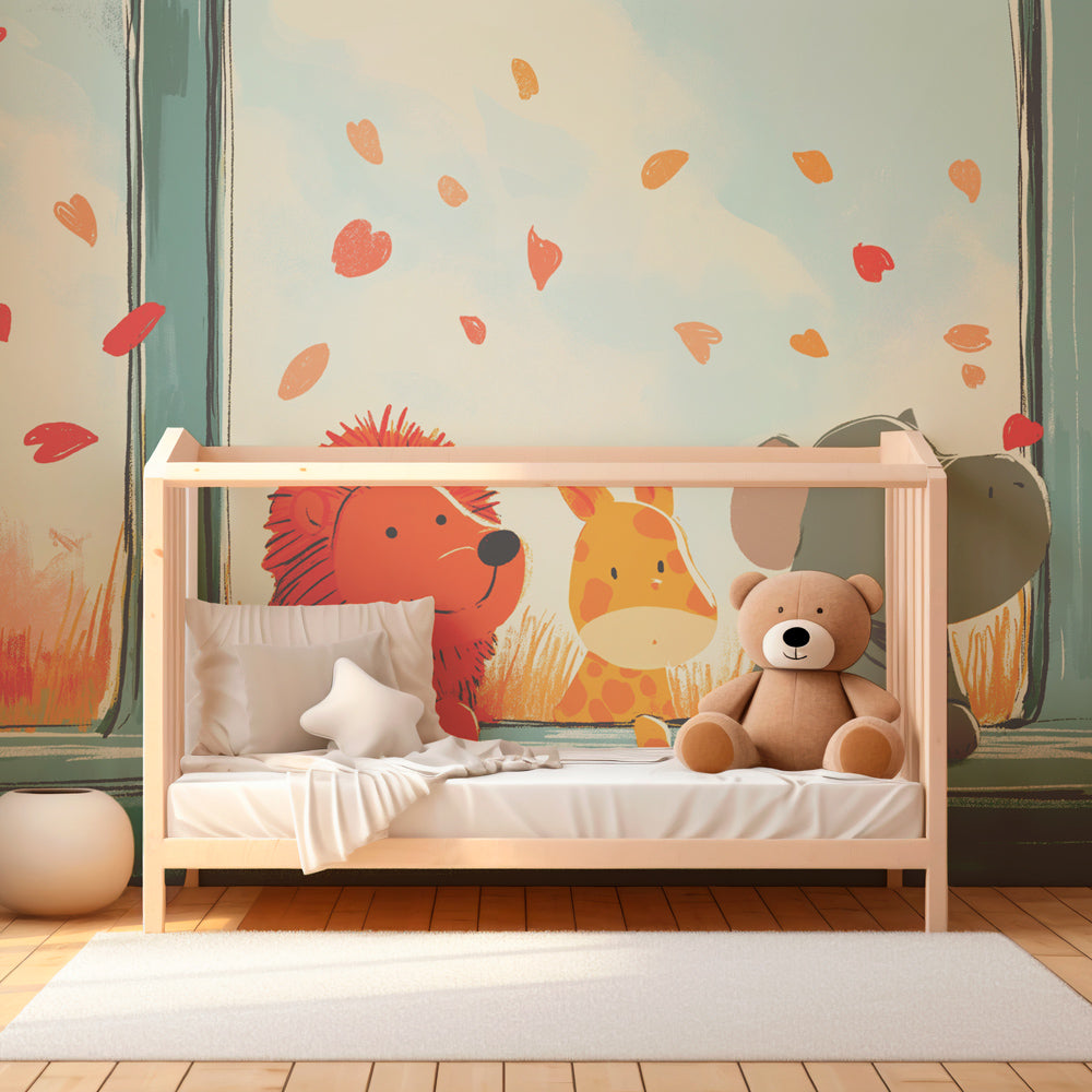 Playful tiger and kitten wallpaper creating cozy children's bedroom decor