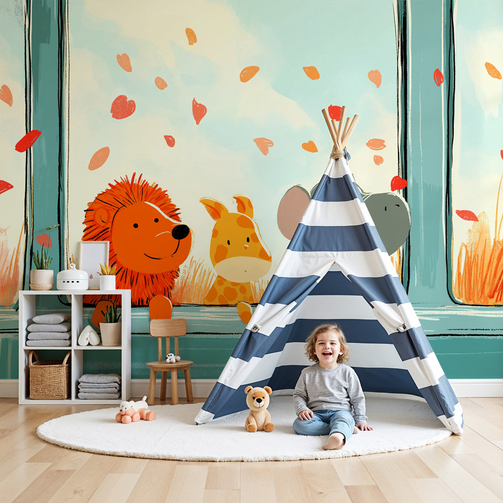 Tiger cubs mural wallpaper in modern nursery with wooden crib by Kids-Mundo