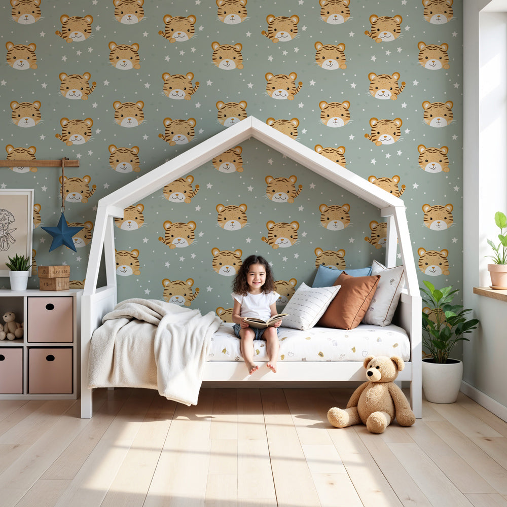 Tiger faces mural wallpaper in modern nursery with pastel decor by Kids-Mundo