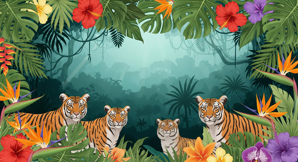 Flat artwork of the Kids-Mundo tiger family wall mural design set in a misty tropical jungle.