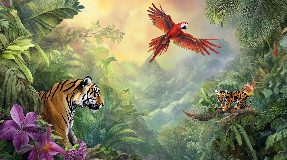 Kids-Mundo flat artwork preview of the full tiger and macaw jungle wall mural design.