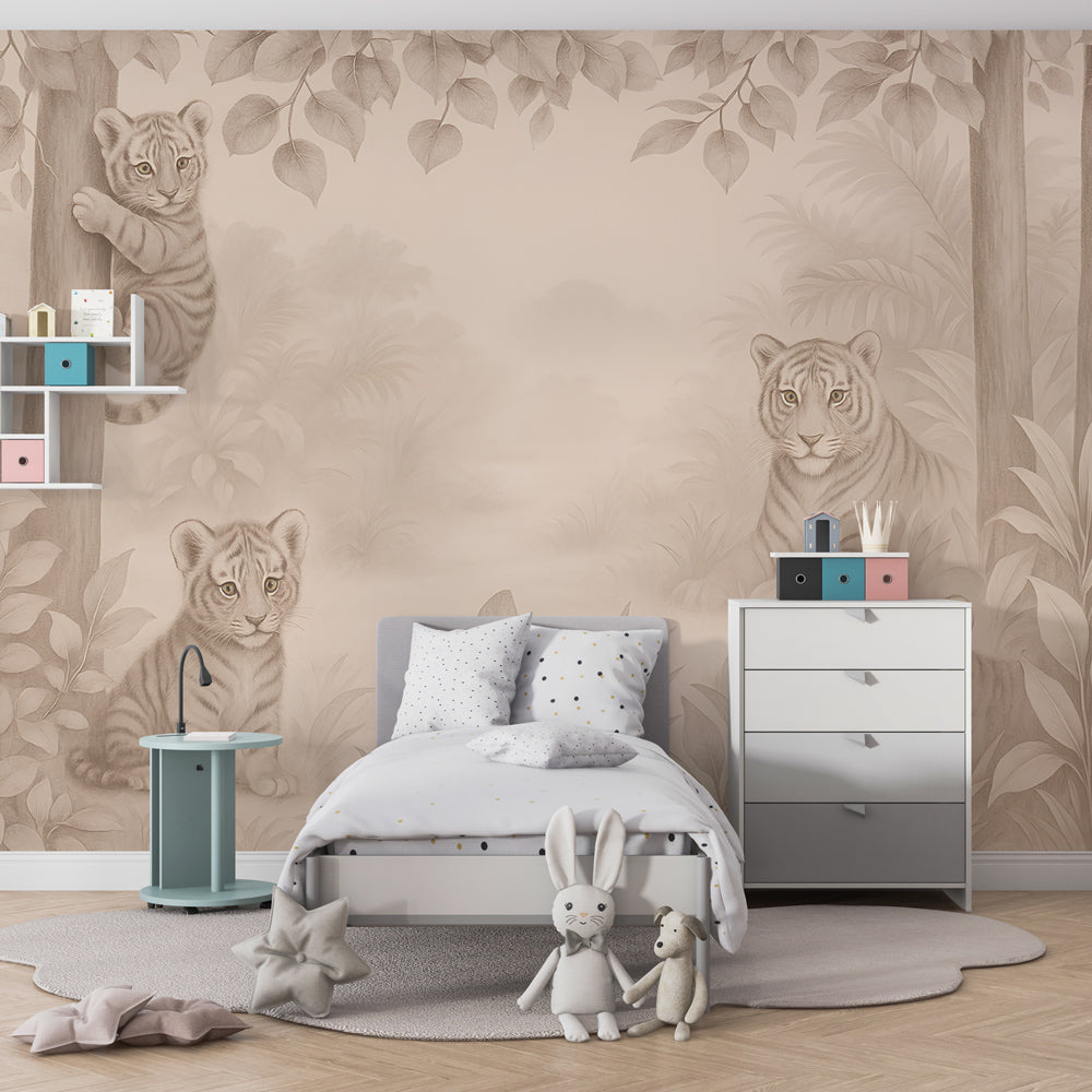 Peaceful tiger safari wallpaper creating calming kids bedroom atmosphere