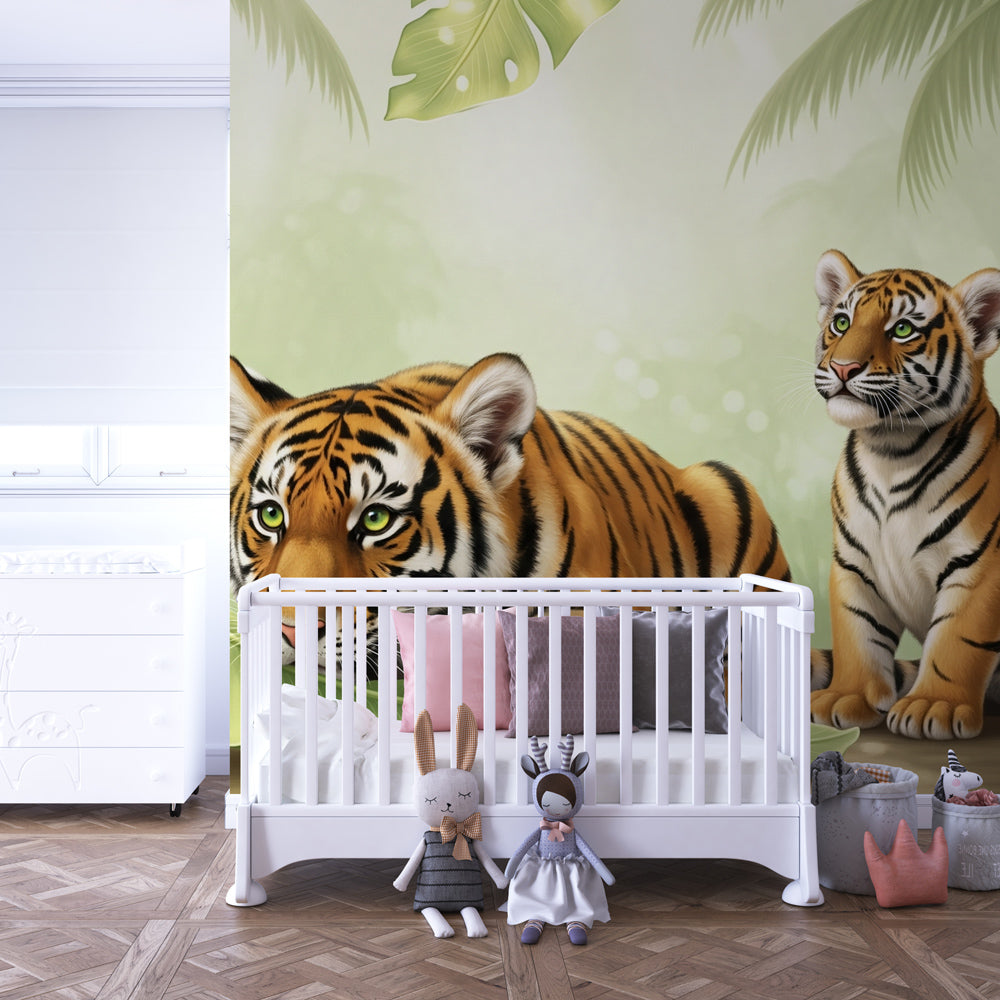 Tropical tiger wallpaper creating adventurous kids bedroom with lush jungle atmosphere