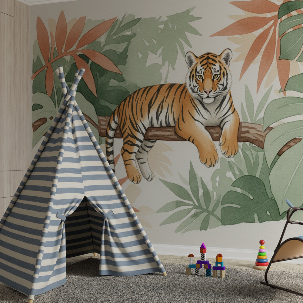 Majestic tiger wallpaper with tropical foliage transforming nursery into wildlife sanctuary