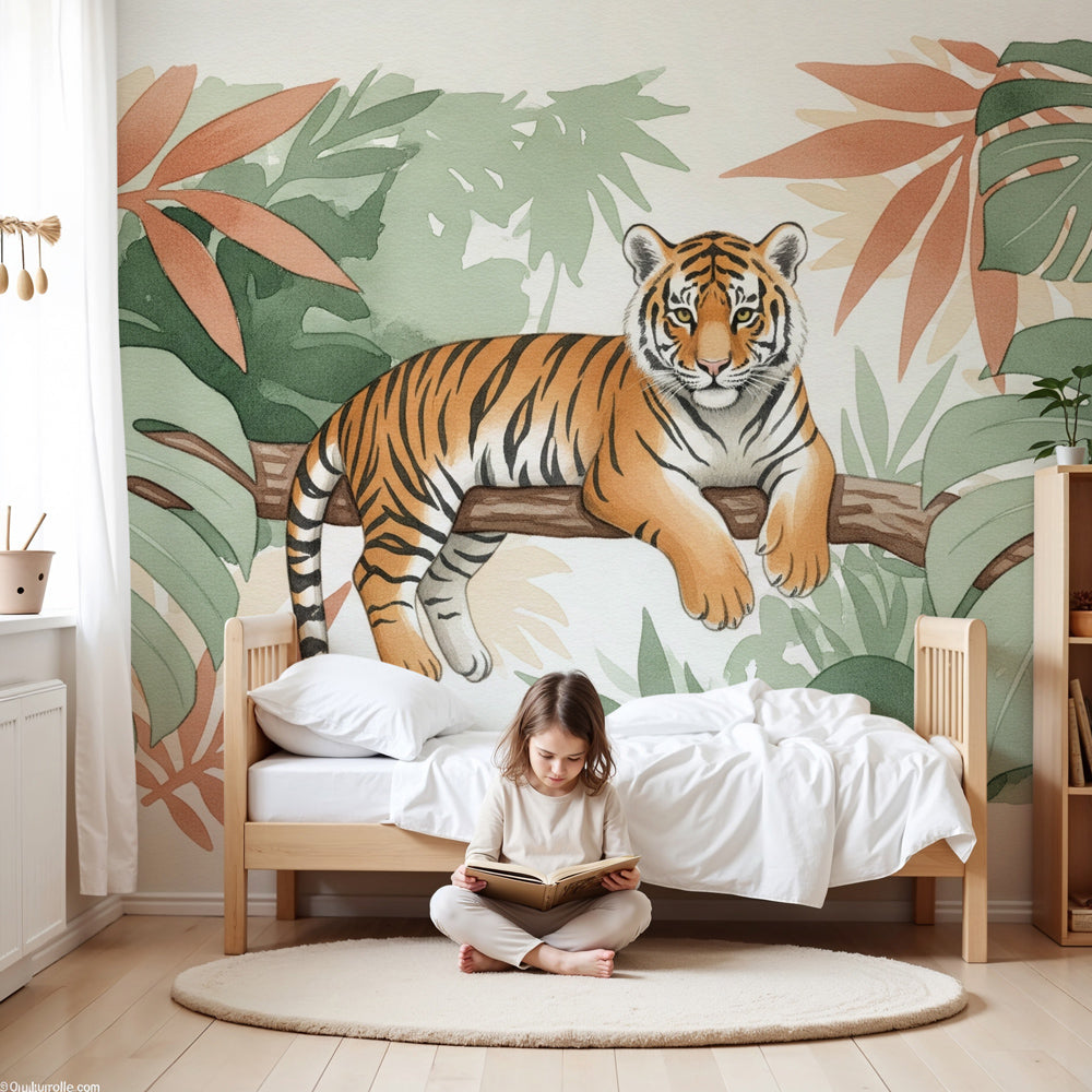 Tiger jungle mural wallpaper creating safari adventure atmosphere in modern kids bedroom by Kids-Mundo