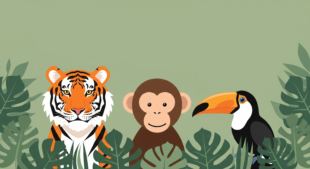 Flat artwork of the Kids-Mundo tiger, monkey and toucan wall mural on sage green