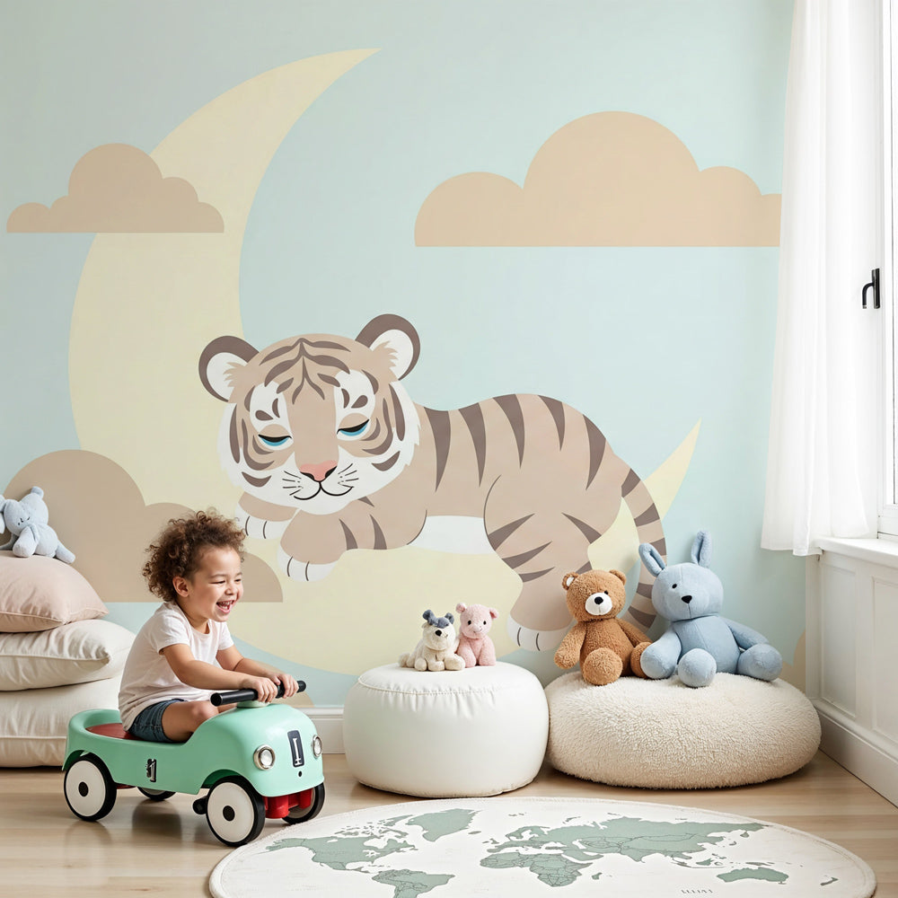 Tiger moon mural wallpaper in cozy nursery with wooden crib by Kids-Mundo