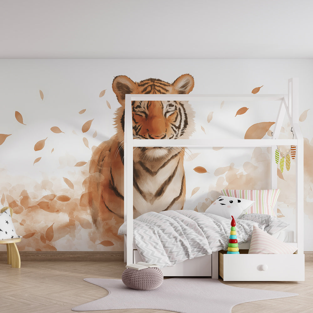 Tiger wildlife wallpaper with falling leaves decorating kids bedroom wall for nature-loving children