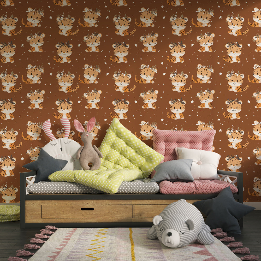 Enchanted tiger wallpaper transforming children's bedroom into woodland adventure space