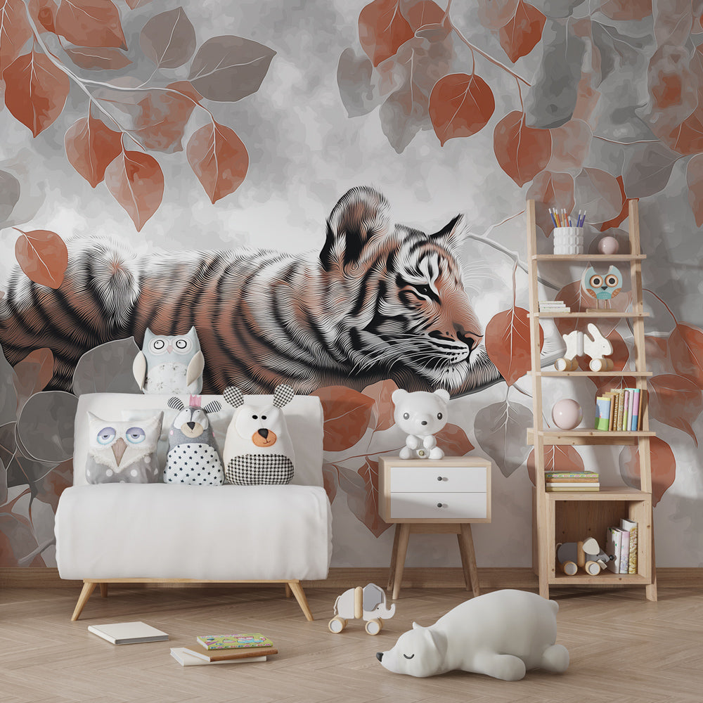 Tiger wildlife wallpaper creating serene atmosphere in children's bedroom with natural decor