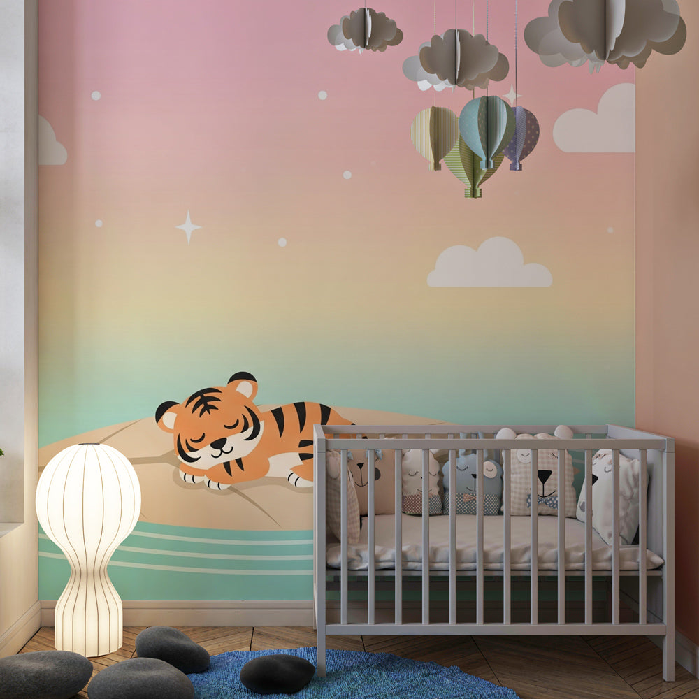 Tiger cub wallpaper on magical leaf decorating modern kids bedroom with soft lighting and wooden furniture